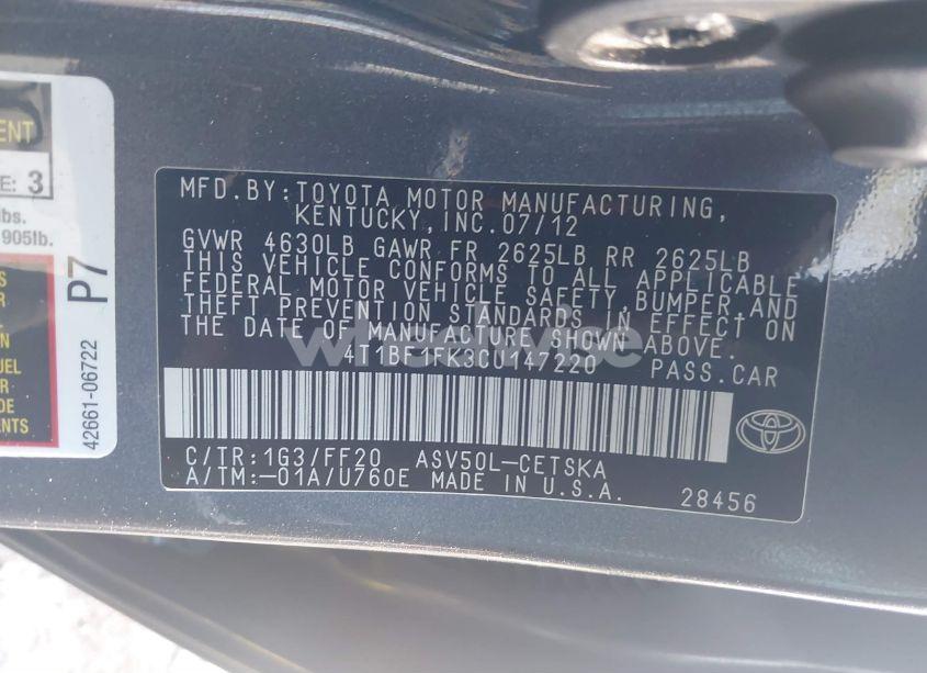 Photo 9 of 2012 Toyota Camry SE (VIN 4T1BF1FK3CU147220)