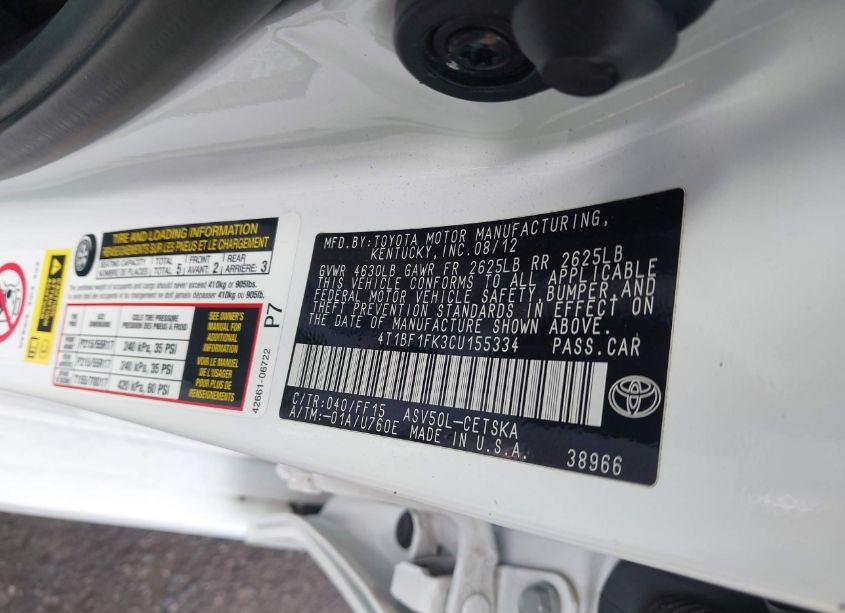 Photo 9 of 2012 Toyota Camry SE (VIN 4T1BF1FK3CU155334)