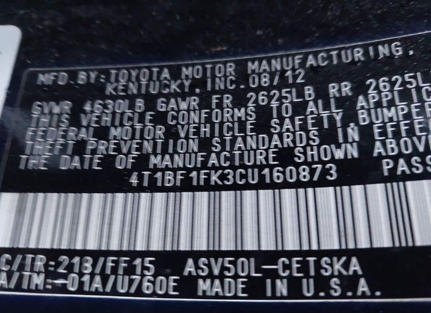 Photo 9 of 2012 Toyota Camry SE (VIN 4T1BF1FK3CU160873)