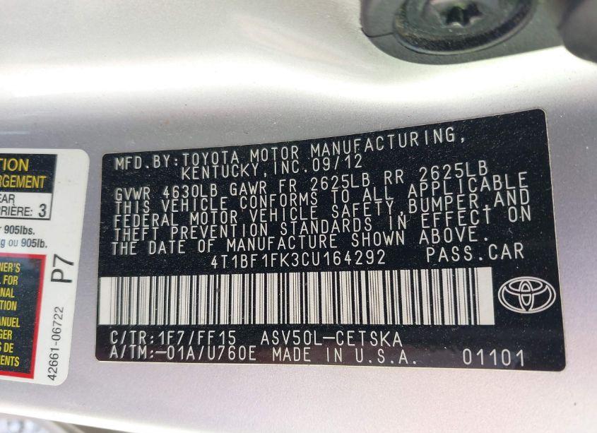 Photo 9 of 2012 Toyota Camry SE (VIN 4T1BF1FK3CU164292)