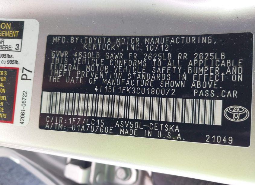 Photo 9 of 2012 Toyota Camry SE (VIN 4T1BF1FK3CU180072)