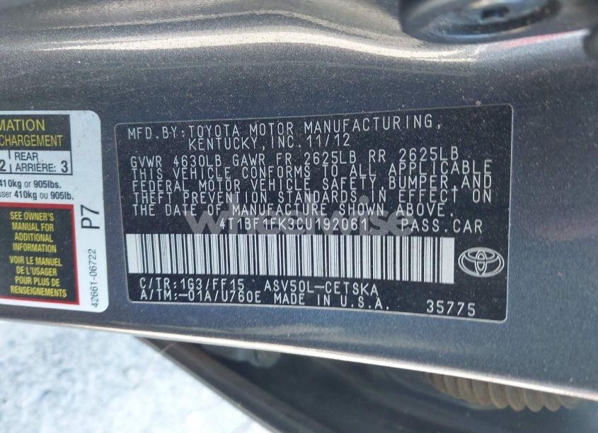 Photo 9 of 2012 Toyota Camry SE (VIN 4T1BF1FK3CU192061)