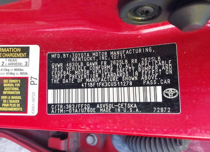 Photo 9 of 2012 Toyota Camry SE (VIN 4T1BF1FK3CU511278)