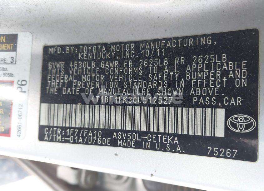 Photo 9 of 2012 Toyota Camry L (VIN 4T1BF1FK3CU512527)