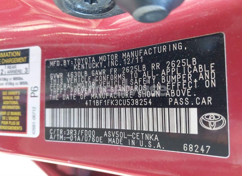 Photo 9 of 2012 Toyota Camry LE (VIN 4T1BF1FK3CU538254)