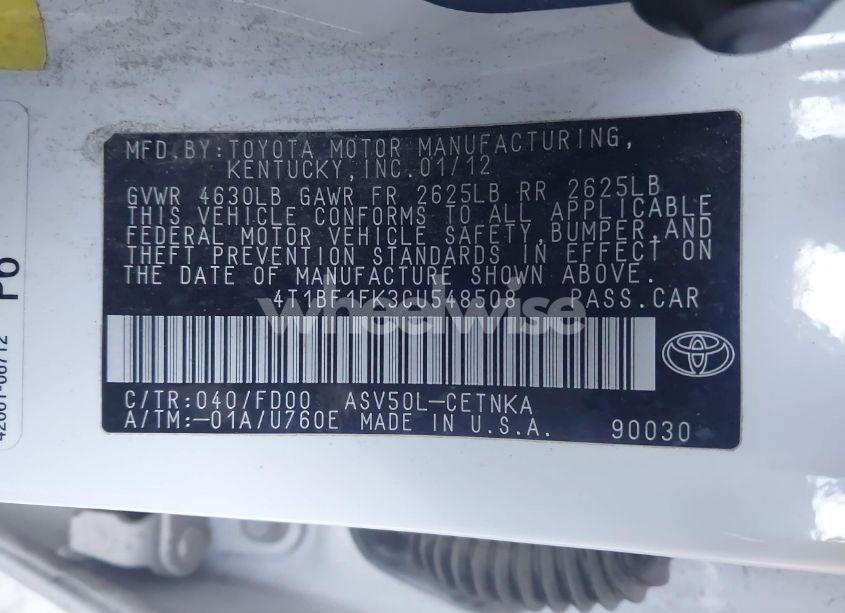 Photo 9 of 2012 Toyota Camry LE (VIN 4T1BF1FK3CU548508)