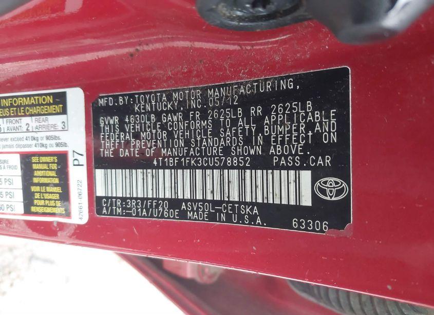 Photo 9 of 2012 Toyota Camry SE (VIN 4T1BF1FK3CU578852)