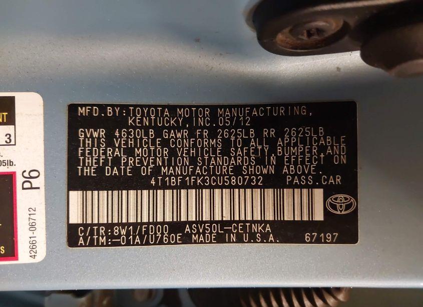 Photo 9 of 2012 Toyota Camry LE (VIN 4T1BF1FK3CU580732)