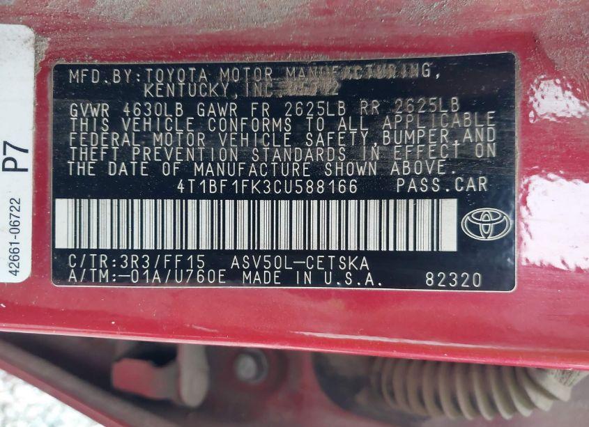 Photo 9 of 2012 Toyota Camry SE (VIN 4T1BF1FK3CU588166)