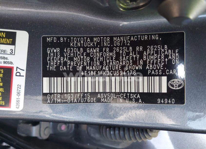 Photo 9 of 2012 Toyota Camry SE (VIN 4T1BF1FK3CU594176)