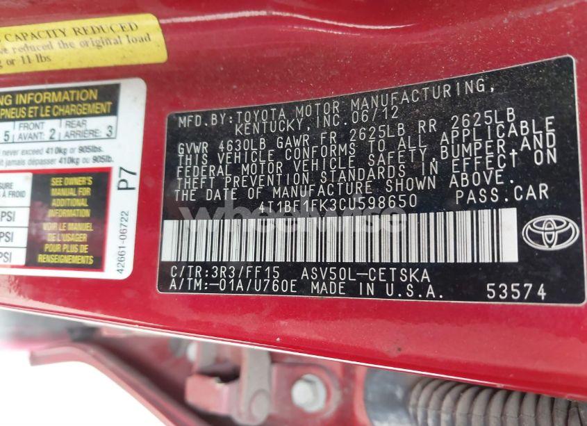 Photo 9 of 2012 Toyota Camry SE (VIN 4T1BF1FK3CU598650)