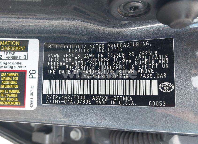 Photo 9 of 2012 Toyota Camry LE (VIN 4T1BF1FK3CU601756)
