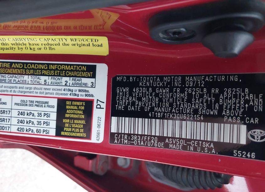 Photo 9 of 2012 Toyota Camry SE (VIN 4T1BF1FK3CU622154)