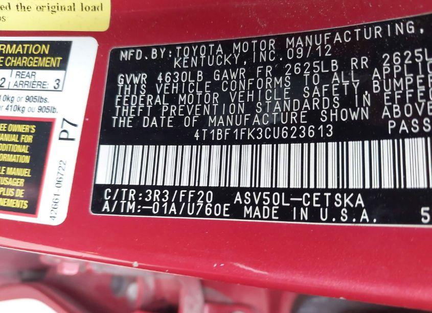 Photo 9 of 2012 Toyota Camry SE (VIN 4T1BF1FK3CU623613)