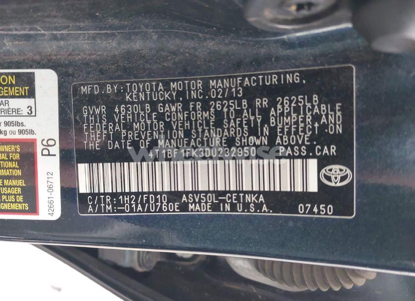 Photo 9 of 2013 Toyota Camry LE (VIN 4T1BF1FK3DU232950)