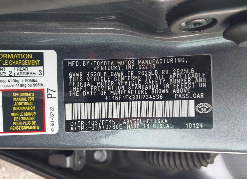 Photo 9 of 2013 Toyota Camry SE (VIN 4T1BF1FK3DU234536)
