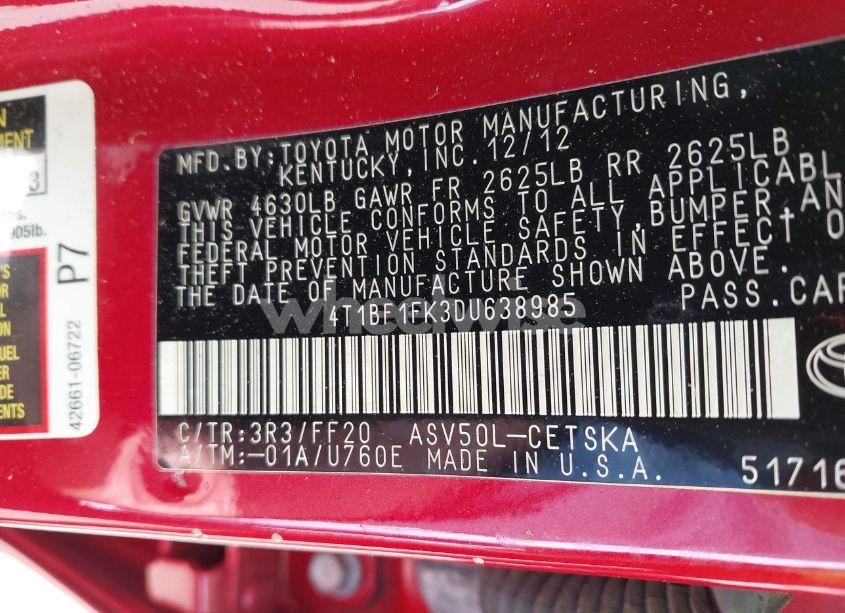 Photo 9 of 2013 Toyota Camry SE (VIN 4T1BF1FK3DU638985)