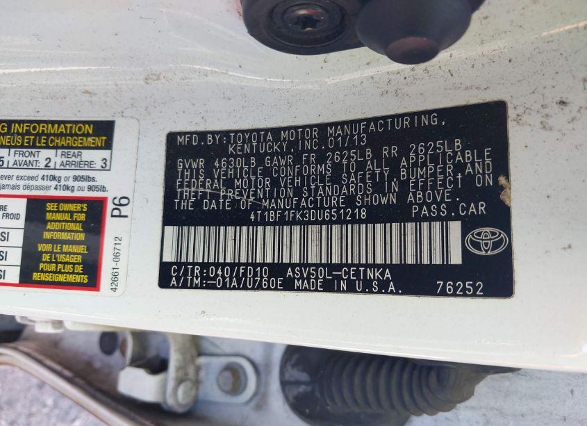 Photo 9 of 2013 Toyota Camry LE (VIN 4T1BF1FK3DU651218)