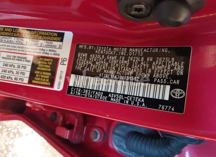 Photo 9 of 2013 Toyota Camry L (VIN 4T1BF1FK3DU651512)