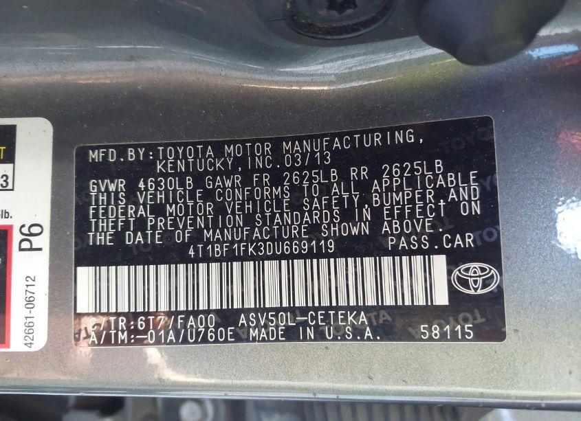 Photo 9 of 2013 Toyota Camry L (VIN 4T1BF1FK3DU669119)