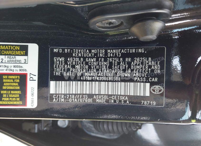 Photo 9 of 2013 Toyota Camry SE (VIN 4T1BF1FK3DU680508)