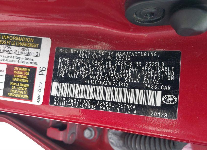 Photo 9 of 2013 Toyota Camry LE (VIN 4T1BF1FK3DU701843)