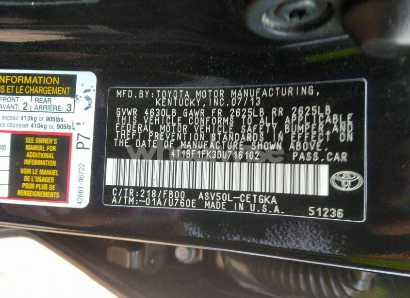 Photo 9 of 2013 Toyota Camry XLE (VIN 4T1BF1FK3DU716102)