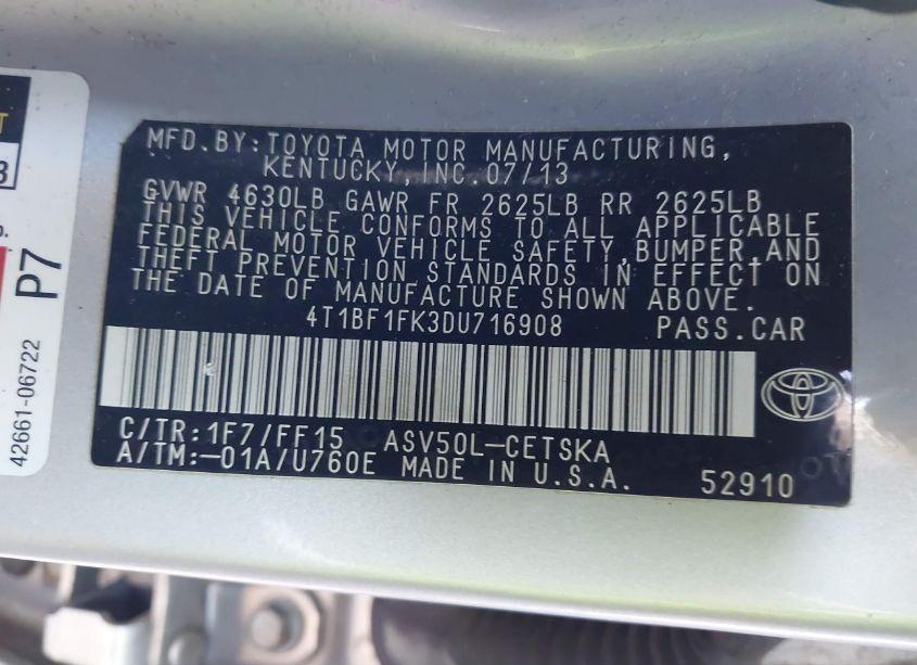 Photo 9 of 2013 Toyota Camry SE (VIN 4T1BF1FK3DU716908)