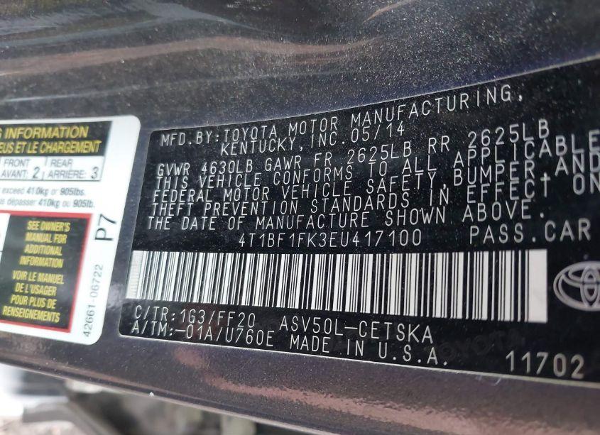Photo 9 of 2014 Toyota Camry SE (VIN 4T1BF1FK3EU417100)