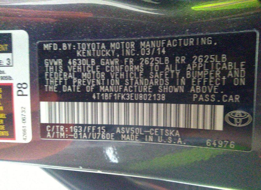 Photo 9 of 2014 Toyota Camry SE SPORT (VIN 4T1BF1FK3EU802138)