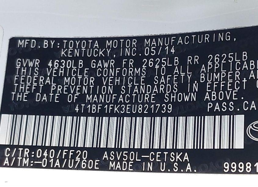 Photo 9 of 2014 Toyota Camry SE (VIN 4T1BF1FK3EU821739)