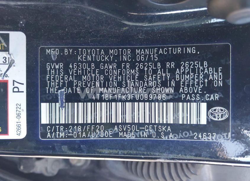 Photo 9 of 2015 Toyota Camry SE (VIN 4T1BF1FK3FU099786)