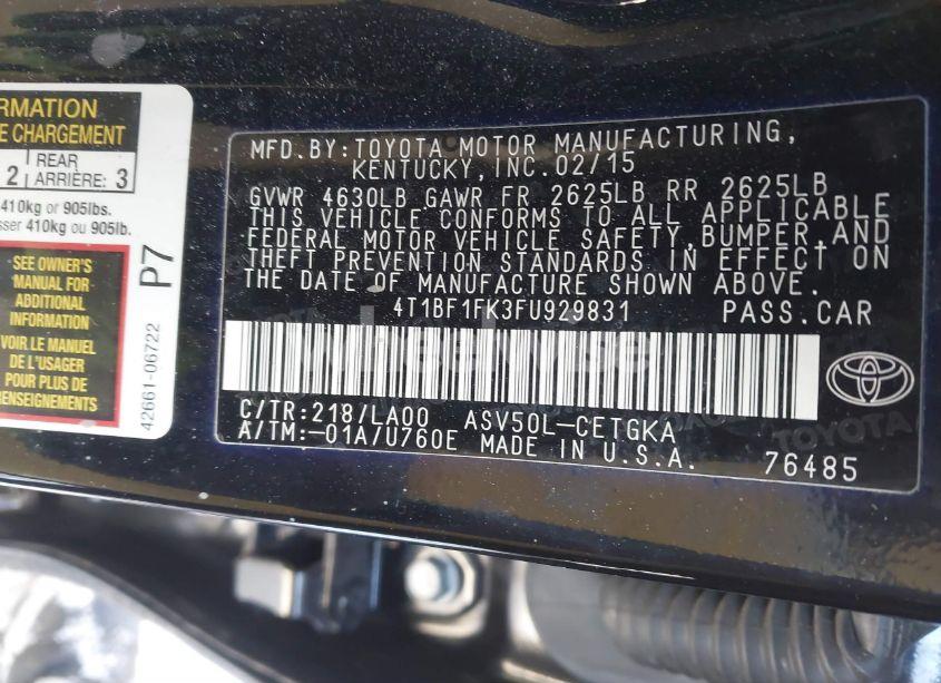 Photo 9 of 2015 Toyota Camry XLE (VIN 4T1BF1FK3FU929831)