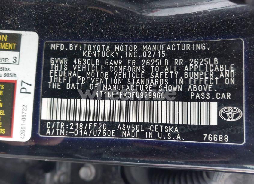 Photo 9 of 2015 Toyota Camry SE (VIN 4T1BF1FK3FU929960)