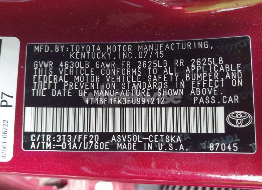 Photo 9 of 2015 Toyota Camry SE (VIN 4T1BF1FK3FU994212)