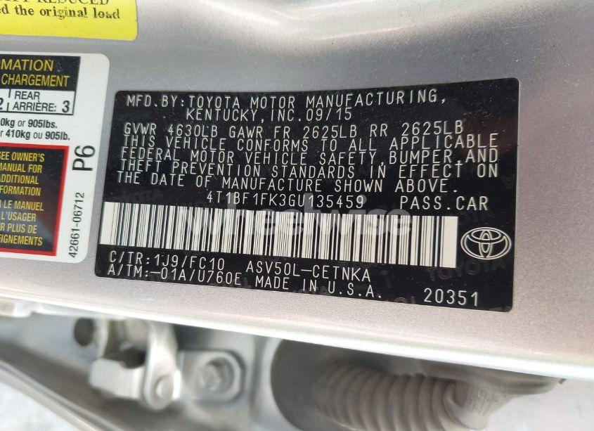 Photo 9 of 2016 Toyota Camry LE (VIN 4T1BF1FK3GU135459)