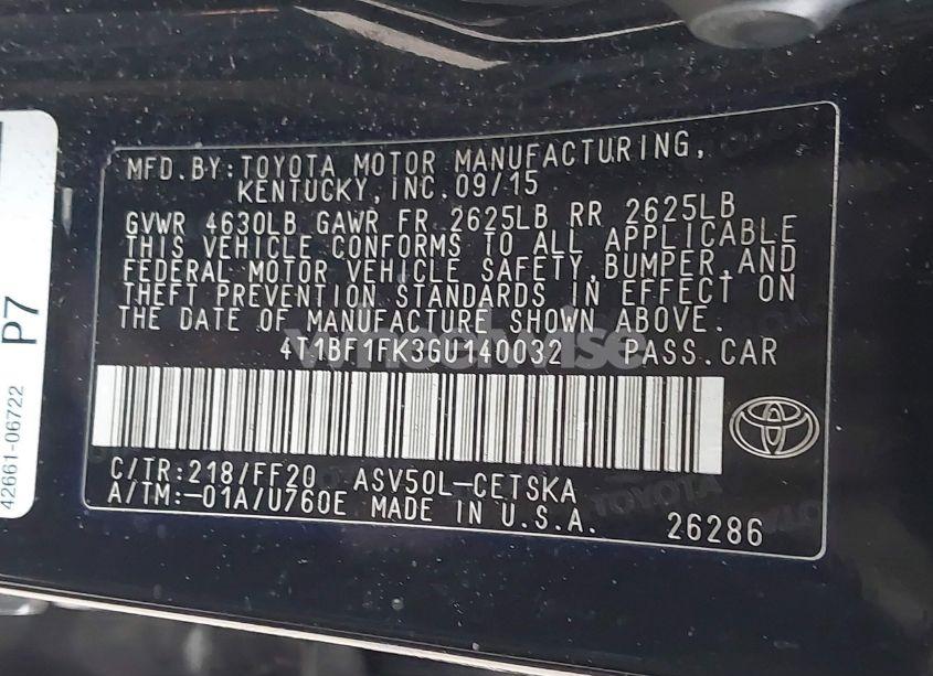 Photo 9 of 2016 Toyota Camry SE (VIN 4T1BF1FK3GU140032)