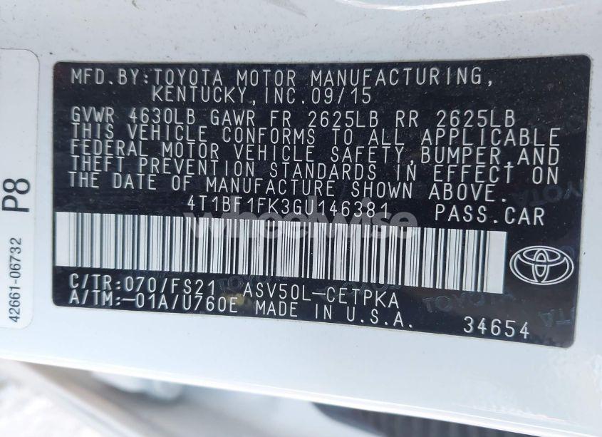 Photo 9 of 2016 Toyota Camry SE (VIN 4T1BF1FK3GU146381)