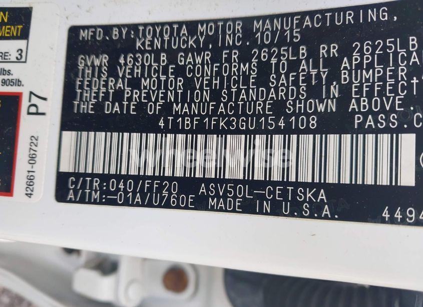 Photo 9 of 2016 Toyota Camry LE/SE/XLE/XSE (VIN 4T1BF1FK3GU154108)