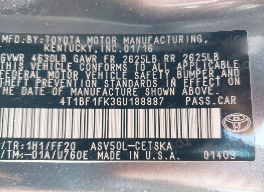 Photo 9 of 2016 Toyota Camry SE (VIN 4T1BF1FK3GU188887)