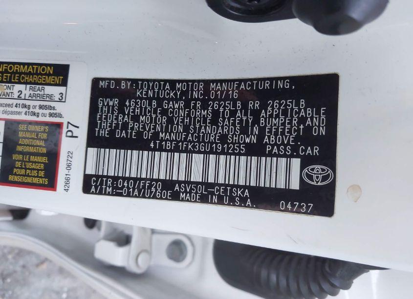 Photo 9 of 2016 Toyota Camry SE (VIN 4T1BF1FK3GU191255)