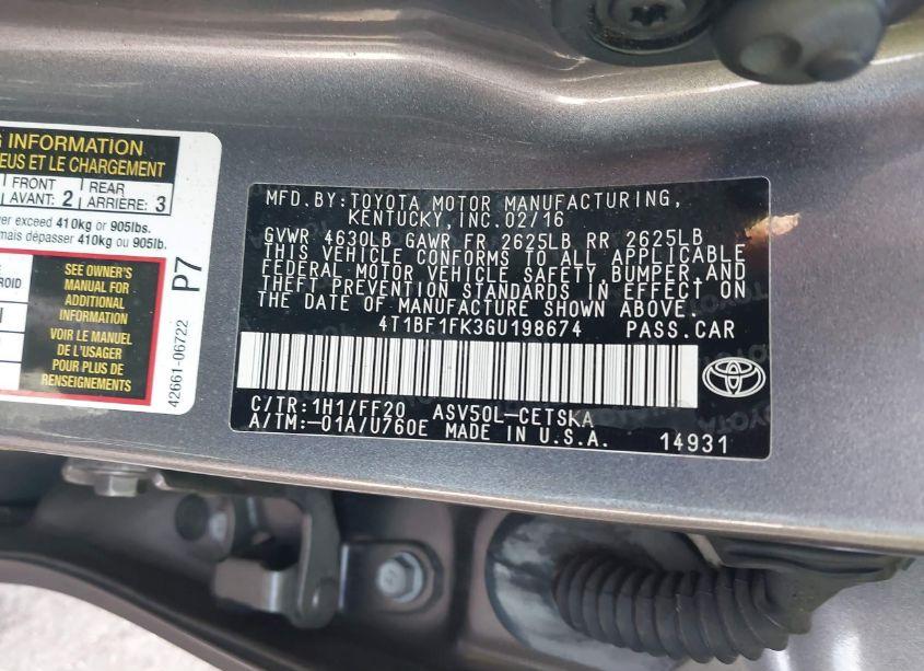 Photo 9 of 2016 Toyota Camry SE (VIN 4T1BF1FK3GU198674)