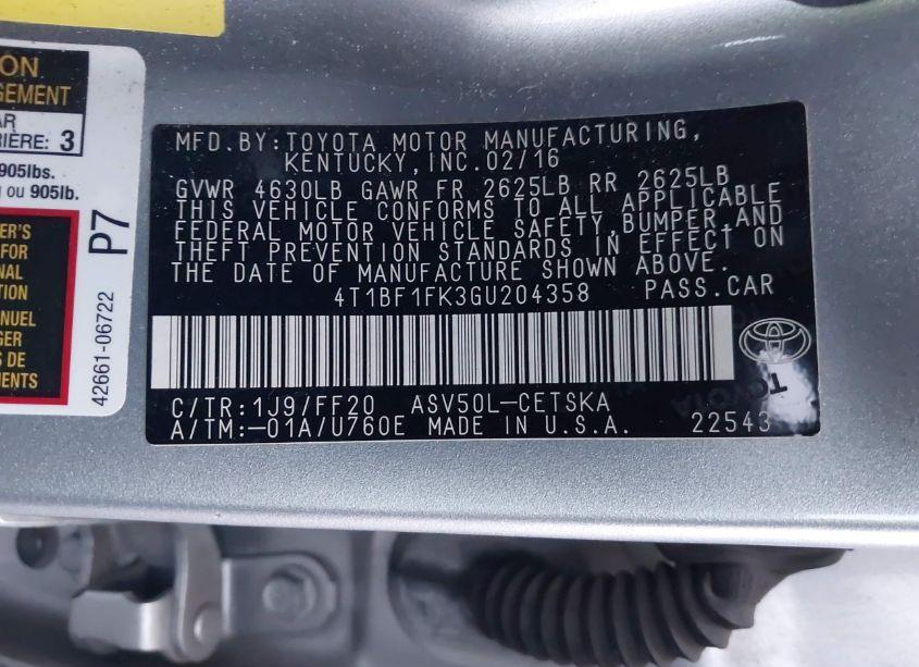 Photo 9 of 2016 Toyota Camry SE (VIN 4T1BF1FK3GU204358)