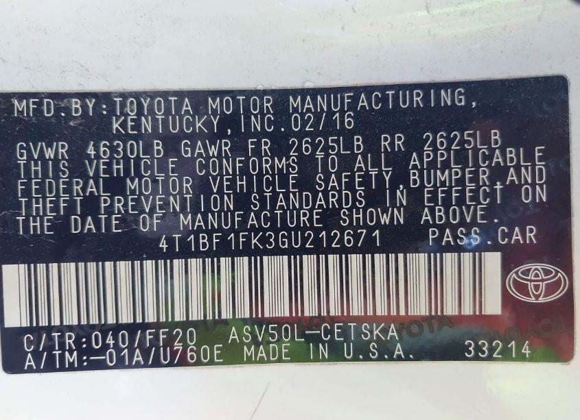 Photo 9 of 2016 Toyota Camry SE (VIN 4T1BF1FK3GU212671)