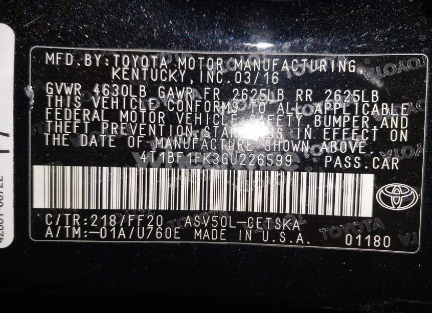 Photo 9 of 2016 Toyota Camry SE (VIN 4T1BF1FK3GU226599)