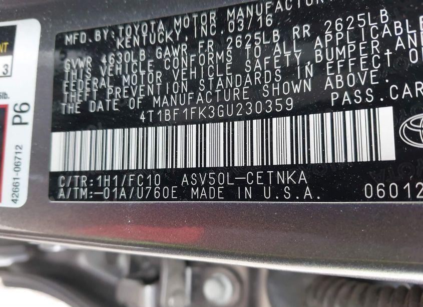 Photo 9 of 2016 Toyota Camry LE (VIN 4T1BF1FK3GU230359)