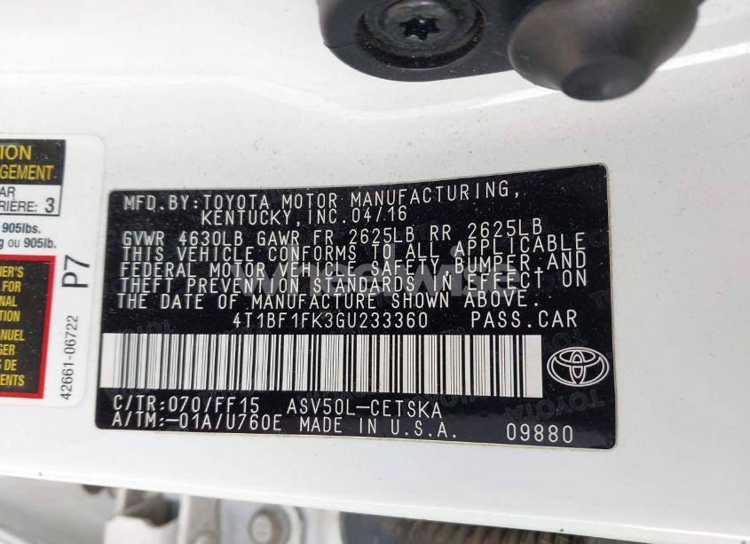 Photo 9 of 2016 Toyota Camry SE (VIN 4T1BF1FK3GU233360)