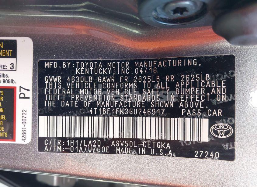 Photo 9 of 2016 Toyota Camry XLE (VIN 4T1BF1FK3GU246917)