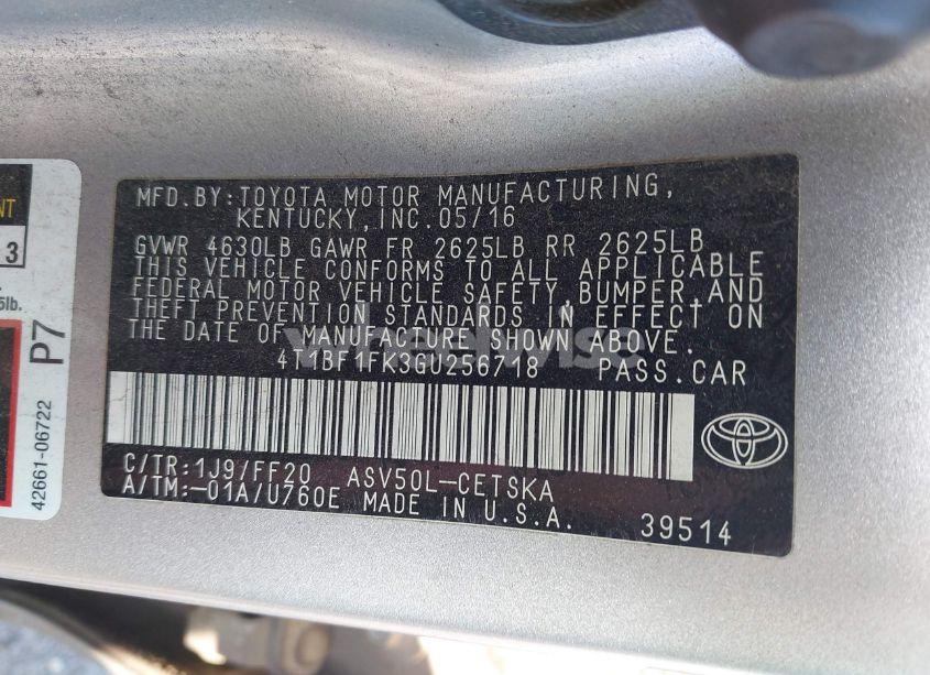 Photo 9 of 2016 Toyota Camry SE (VIN 4T1BF1FK3GU256718)