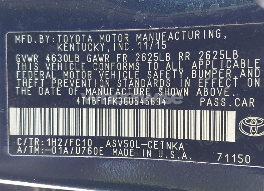 Photo 9 of 2016 Toyota Camry LE (VIN 4T1BF1FK3GU545694)